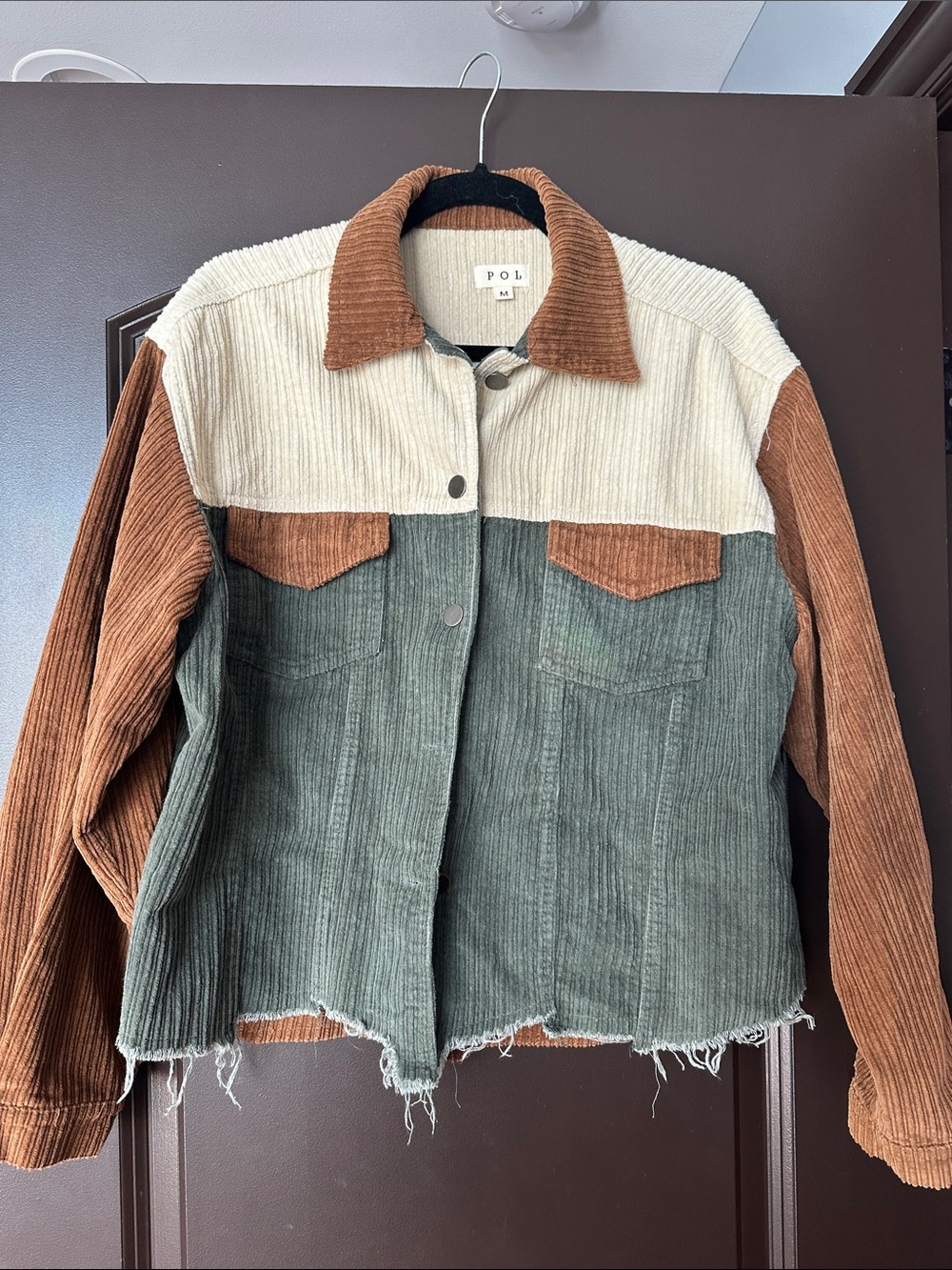 POL Corduroy Colorblock Jacket in Green, Brown & Cream